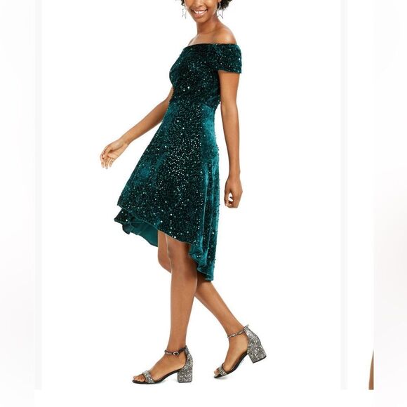 MORGAN & CO Green Velvet Sequined Off-the-Shoulder Fairy Dress 3 - Picture 3 of 15